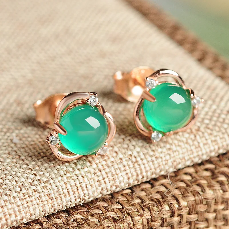

Charming Green Gems Crystal Stud Earrings Round Cut Stone Rose Gold Plated Earrings Bride Wedding Jewelry Birthstone Gifts