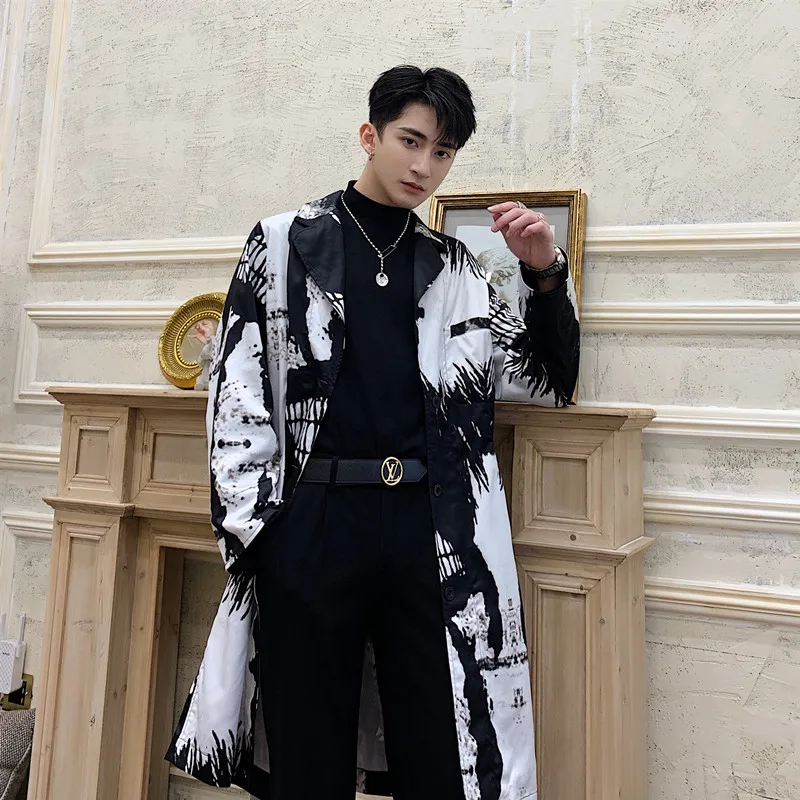 

2019 Men Print Long Trench Coat Cardigan Male Streetwear Hip Hop Slim Casual Vintage Windbreaker Jacket Outerwear