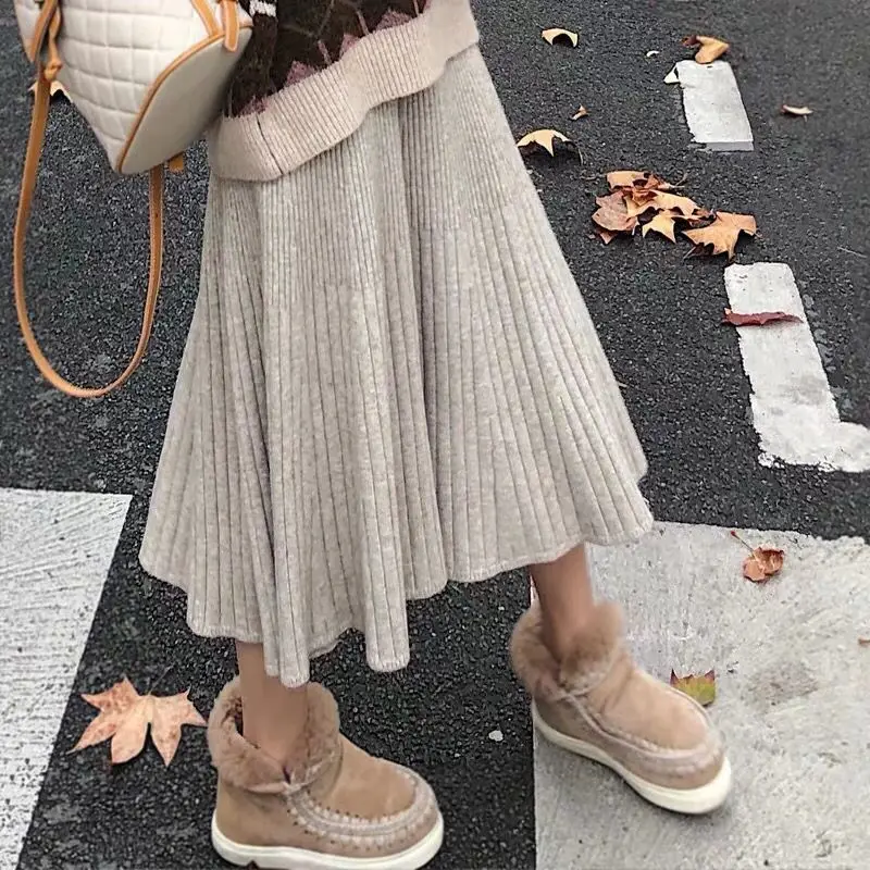 

2021 Autumn Winter Women Knitted Long Pleated Skirt Lady Thick Elastic High Waist Skirt Female Casual Solid A-line Faldas O347