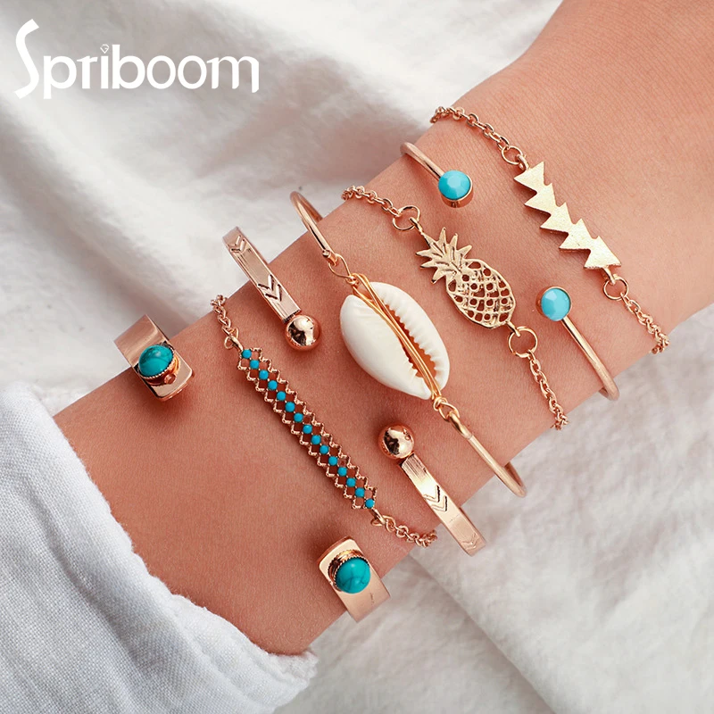 

7Pcs/set Women's Hand Bracelets Bohemian Shell Pineapple Metal Chain Bracelets On Hand Geometric Bracelet Jewelry Aesthetic