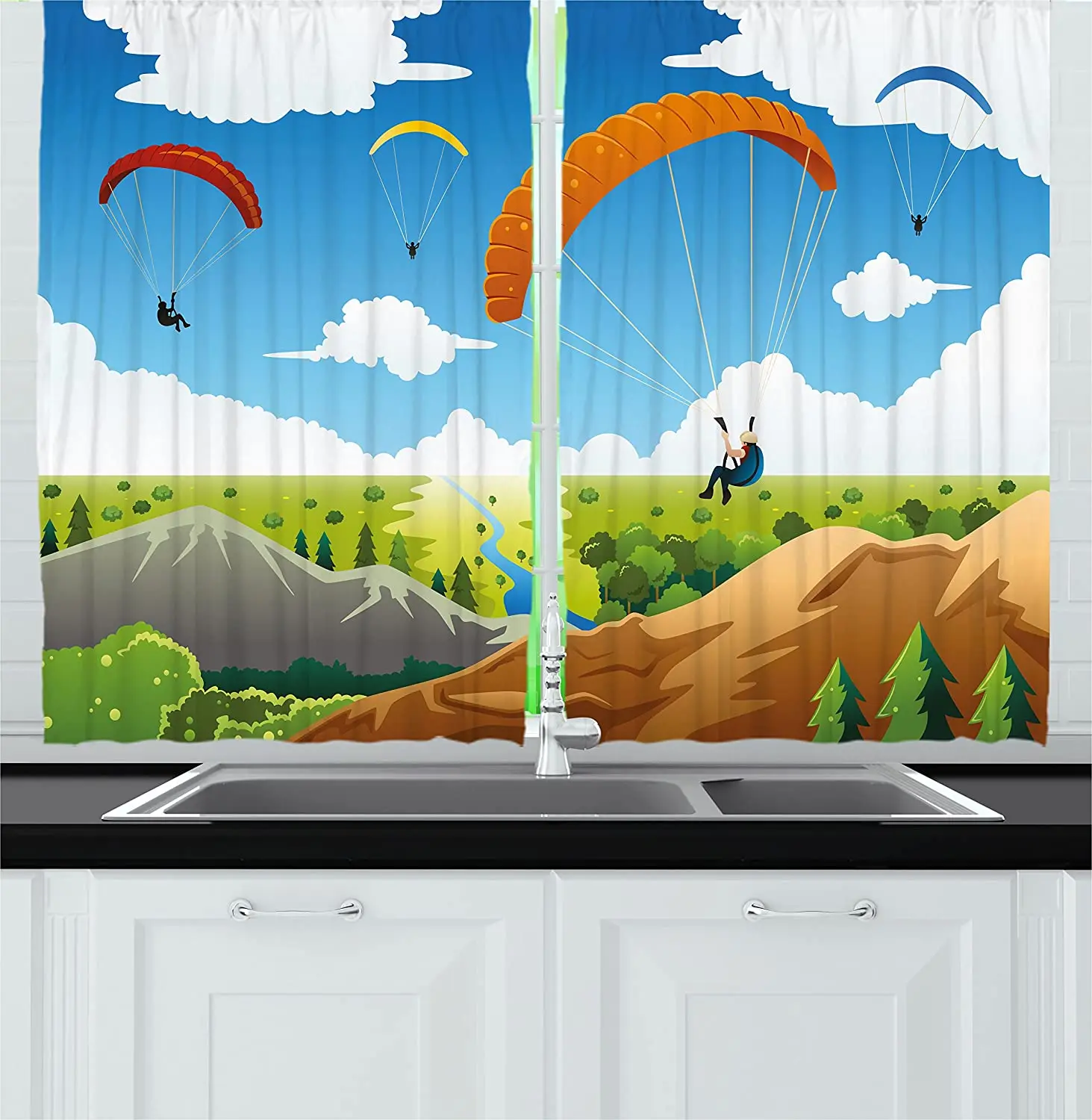 Мультяшные оконные шторы для кухни парашют пейзаж гора река облака пальмы