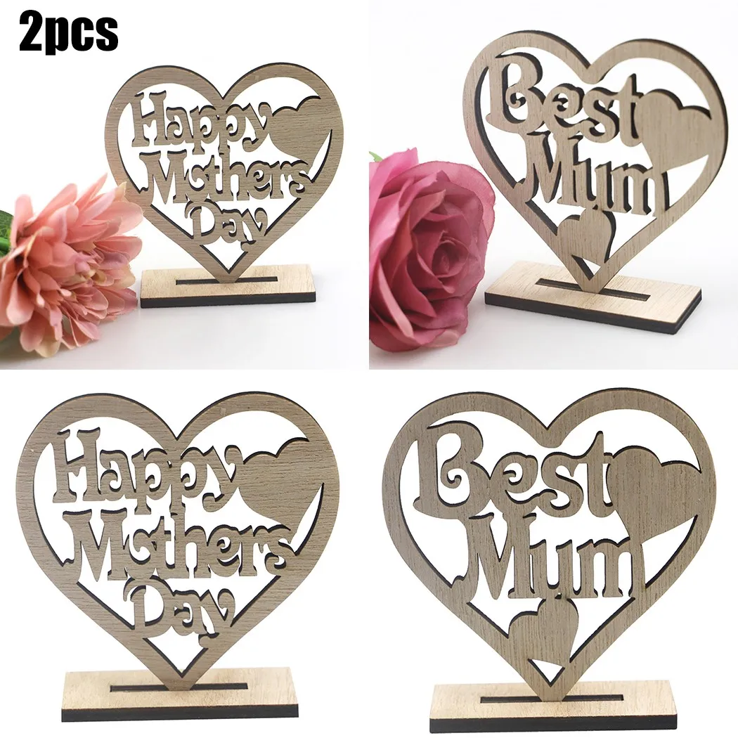 

2*Ornaments 10*10*3cm Personalised Mothers Day Gift For Mum Wooden Heart Plaque Freestanding Oak Gift