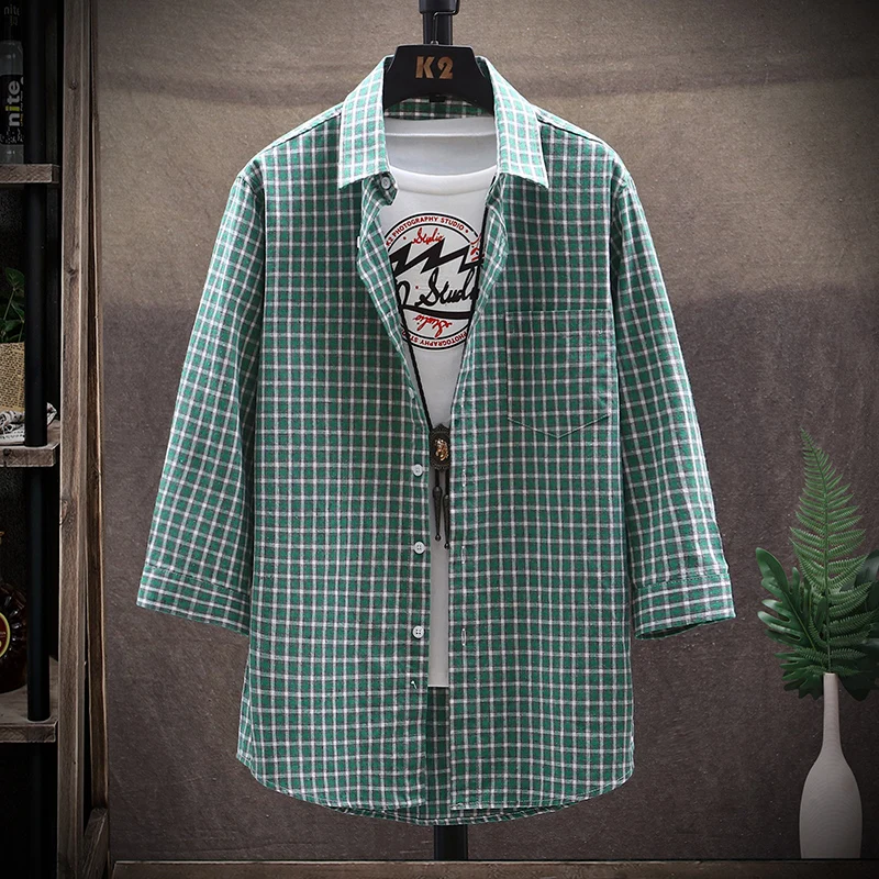 

Korean Style Men Plaid Dress Shirt Spring Summer Three Quater Sleeve Shirt Turn Down Collar Men Casual Shirt Loose Cotton Shirt