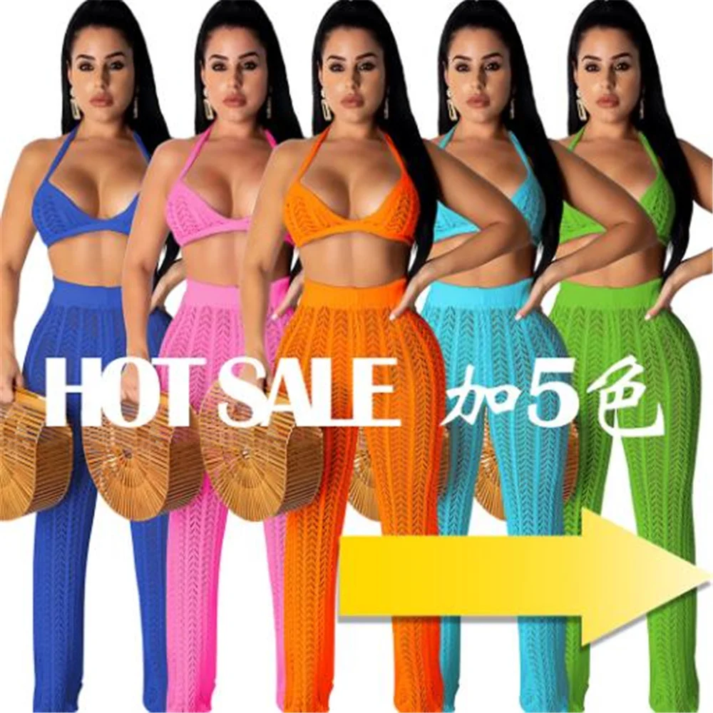 

Honeymoon Style Beach Vacation Ladies Party Wear New Sexy Mesh Hollow Perspective Knit Set of 2 pieces 1117