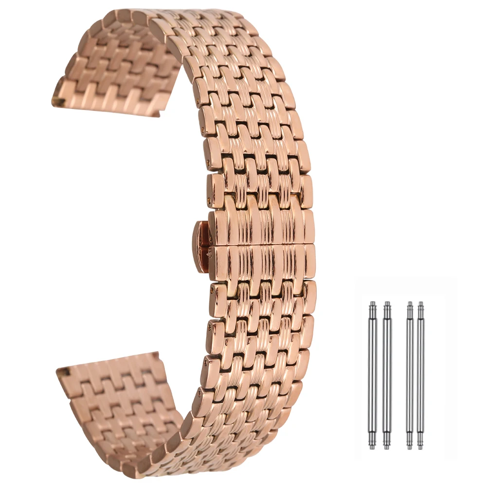

Stainless Steel Wristwatch Band 18/20/22mm Fashion Rose Gold Butterfly Buckle Watch Band for Men Women