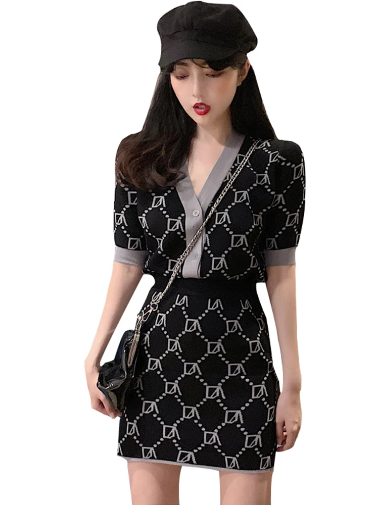 

Summer New Korean Style Knitted V-neck Cardigan Top High Waist Hip Skirt Temperament Women's Two-Piece Suit