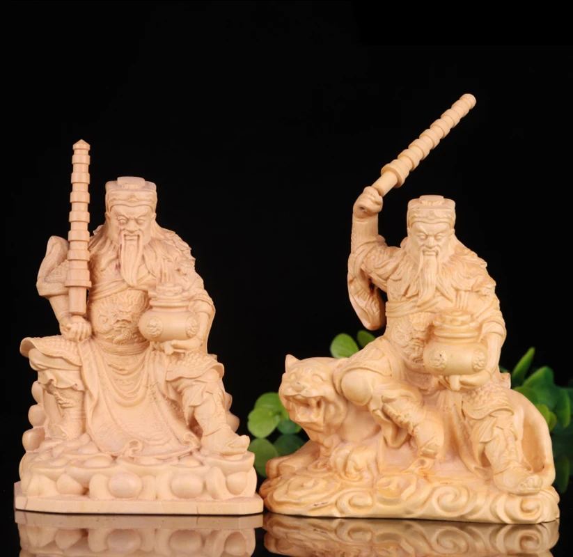 XS180-10CM Hand Carved Boxwood Carving Figurine Buddha Statue Home Decor -God of Wealth Zhao Gongming Sculpture