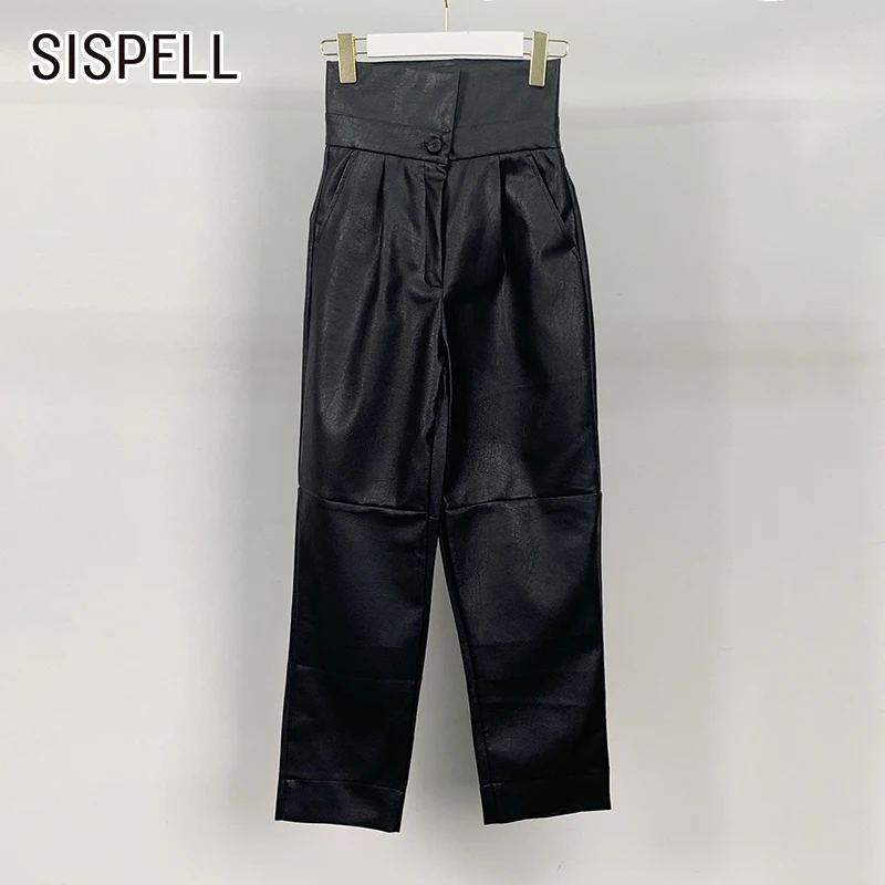 

Женские прямые брюки SISPELL, из искусственной кожи, с высокой талией, свободные, с рюшами, на осень, 2021