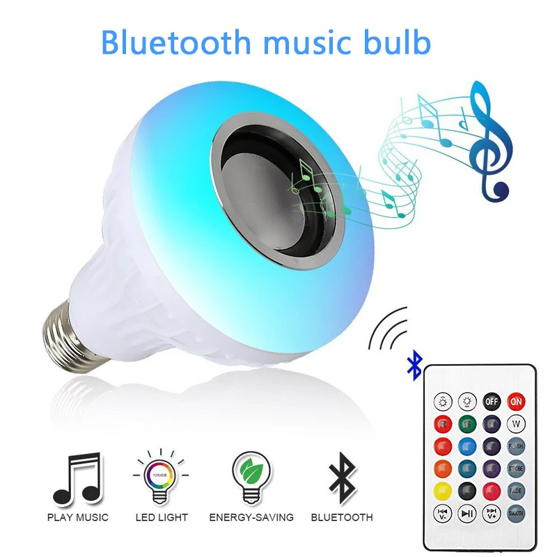 

Смарт E27 12 Вт ампульная Светодиодная лампа RGB светильник Беспроводная Bluetooth аудио Колонка воспроизведение музыки диммируемая лампа с дистан...