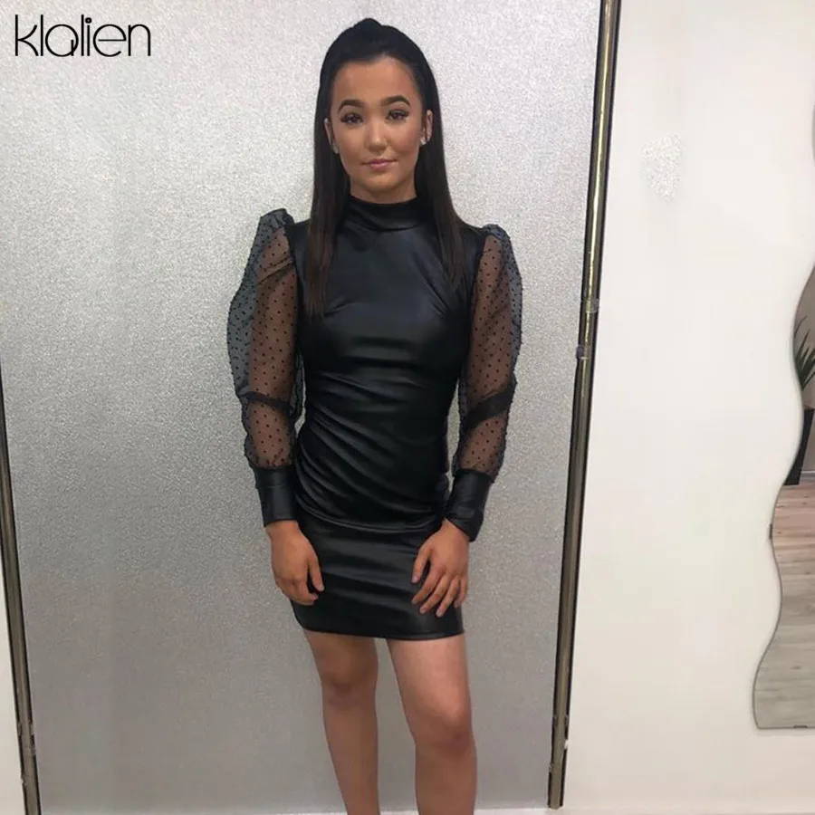 Klanien женские новые черные сексуальные прозрачные мини платья с длинным рукавом