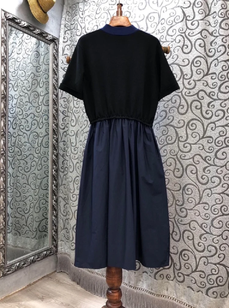 

One Piece Dress 2020 Autumn Hot Sale Clothing Women Color Block Patchwork Front Zipper Short Sleeve Mid-Calf Casual Cotton Dress