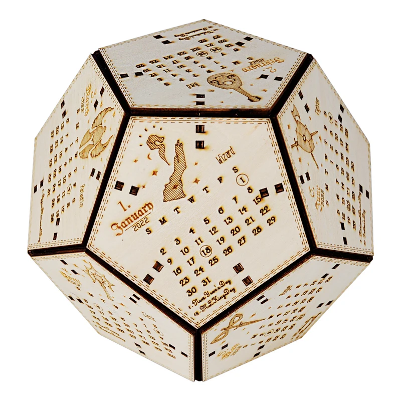 

2022 Dodecahedron Desk Calendar 3D D12 Dice Wooden Laser Engraved with 12 Cute D&D Classes Nerd Geek Gift for DM, GM and Tableto