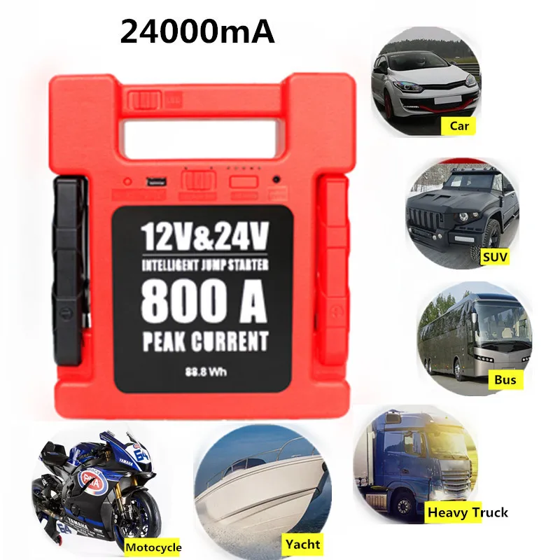 24000mA 12 В/24 В светодиодный USB автомобильный стартер, портативный внешний аккумулятор, запасное зарядное устройство, аварийный стартер для автомобиля, грузовика, внедорожника, лодки, мотоцикла
