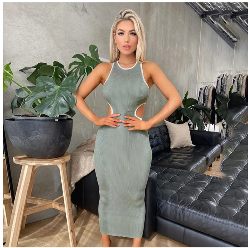 

Women's autumn 2021 new fashion casual sexy sleeveless backless contrast color line hollow dress dress woman