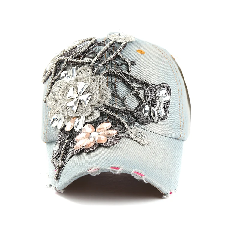 LVTZJ New Spring Vintage Denim Baseball Caps Snapback Hat Floral Summer Cap Rhinestone Hip Hop Cap For Women Grinding Multicolor