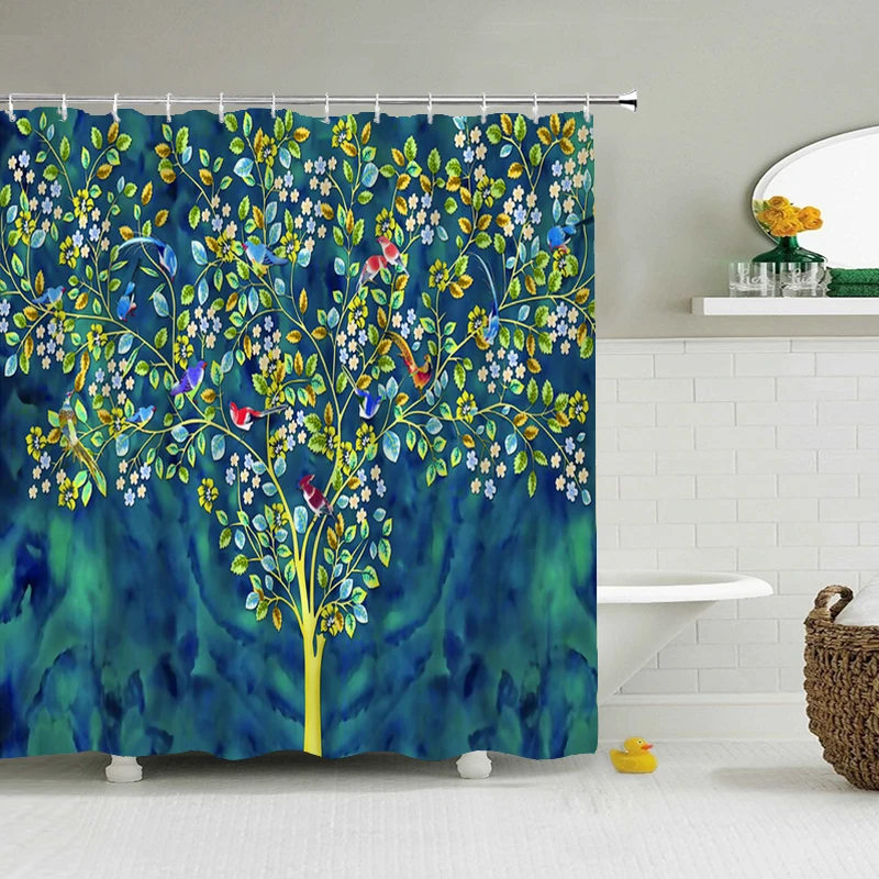 

Flowers Birds Leaves Shower Curtains 3d Bathroom Curtain Waterproof With Hooks Printing Polyester Cloth Bath Home Decor Screen