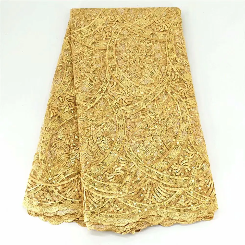 

Luxury African Lace Fabric 2020 High Quality Lace Gold Mesh Sequin Lace Fabric For Wedding Party French Tulle Lace Fabric Party