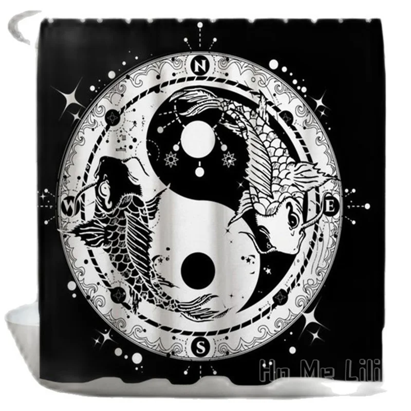 Занавески для душа Yin Yang от Ho Me Lili черно-белые карпы компас водонепроницаемые