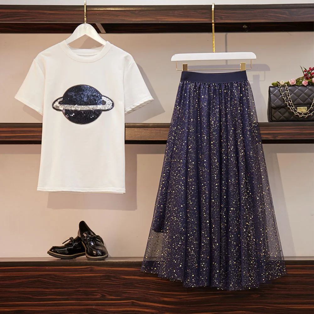 

2021 New Summer Women's Two Piece Set Short Sleeve Sequined Planet T-shirt + Elastic Waist Mesh Skirt Set Ladies Skirt Suits