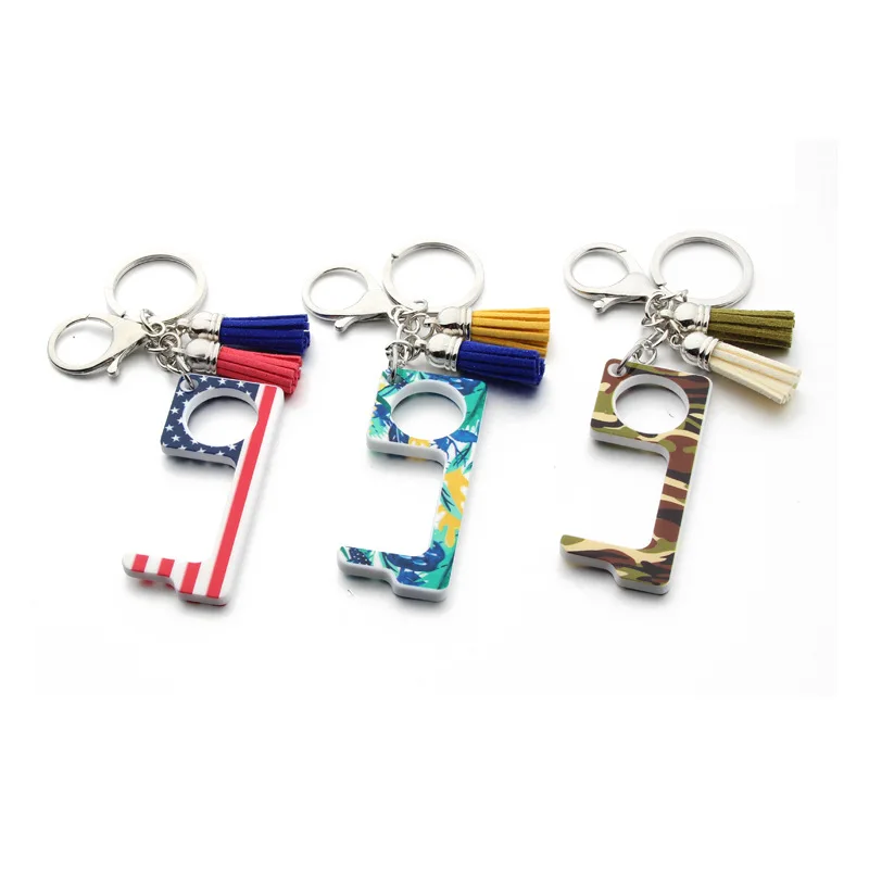 

ZWPON Tassel Acrylic Leopard Print Door Opener Keychain Women Disc Keyring Portable Press Elevator Tool Hygiene Hand Door Handle