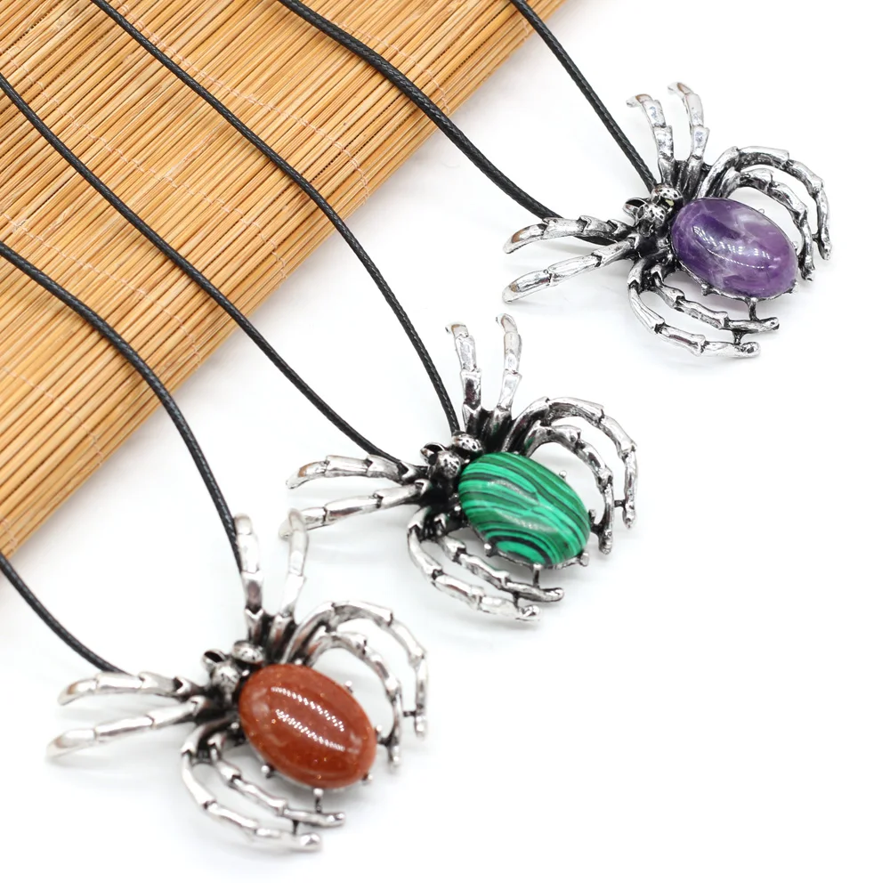

Natural Stone Necklace Spider Shape Crystal Rose Quartz Blue Sand Amethyst Turquoise Pendant Neck Chain for Women Man Jewelry