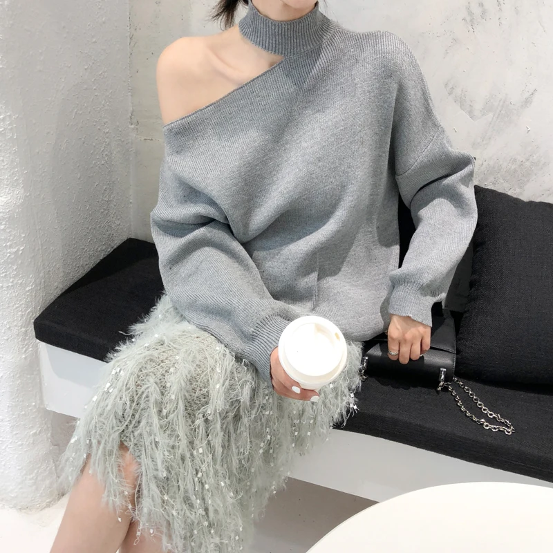 Корейский шикарный элегантный свободный свитер средней длины с открытыми