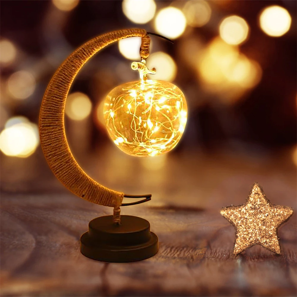 

Led Decorative Light Moon Apple Night Light Usb Type Handmade Hemp Rope Wrought Iron Night Light Living Room/Bedroom Decoration