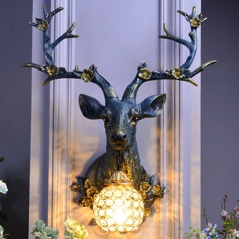 

Nordic Ancient Loft Resin Sika Deer Wall Lamp Modern Attic Aisle Living Room Bedroom Wall Sconce Light Home Decor Vanity Light