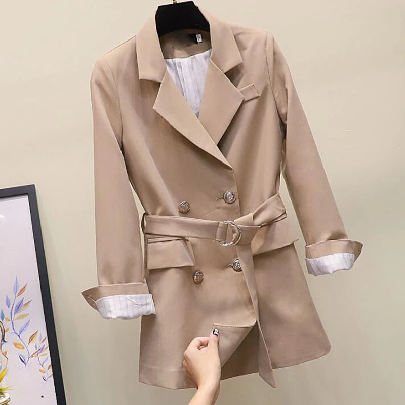 Vintage Double Breasted Black Blazer Women Jacket 2019 Spring autumn Casual Belt Suits Coat Feminino blazers Outerwear | Женская одежда