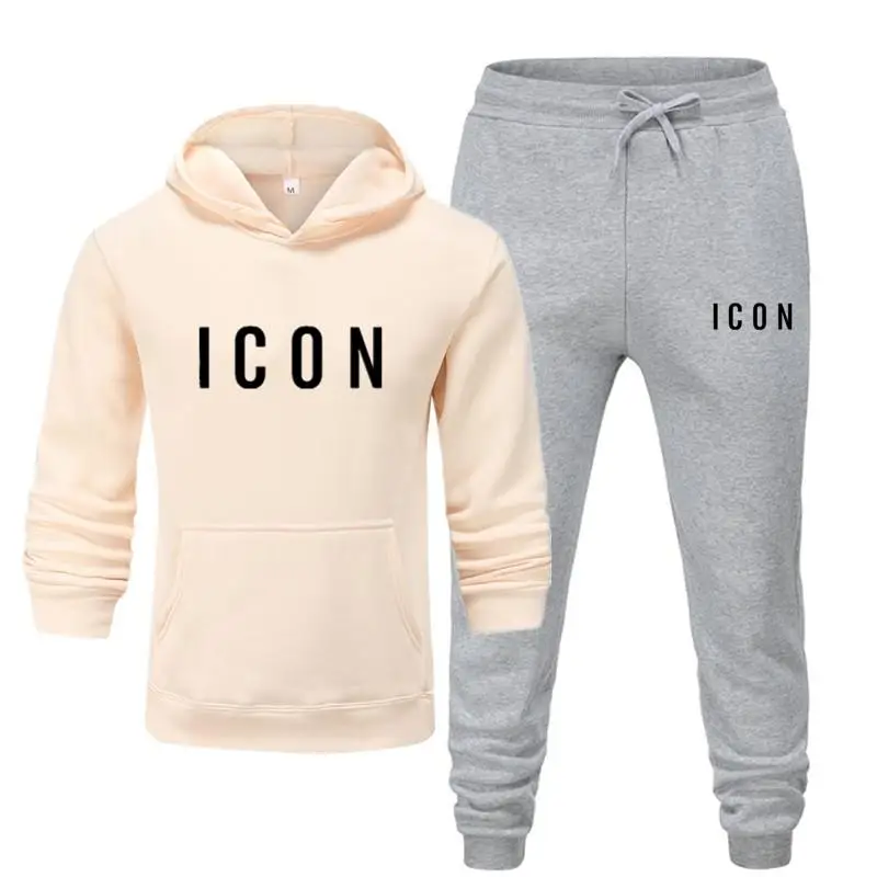 

Two Pieces Set Hooded Sweatshirts ICON Letter Print Sportswear Tracksuit Hoodie Autumn Brand Hoodies+Pants men sets 2021 Fashion