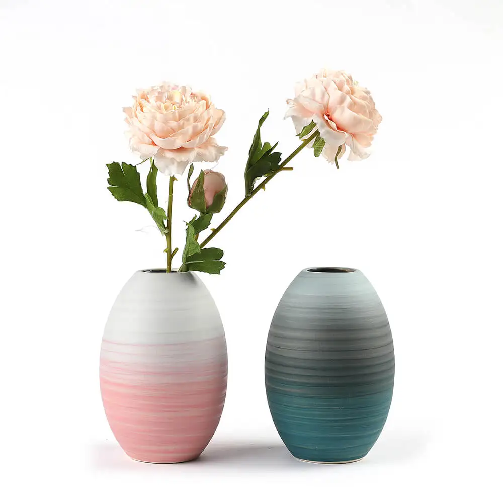 

Lotus Pink and White Striped Vase Handmade Painted Ceramic Flower Pot for Faux Floral Decoration- 5.5" Tall Manual