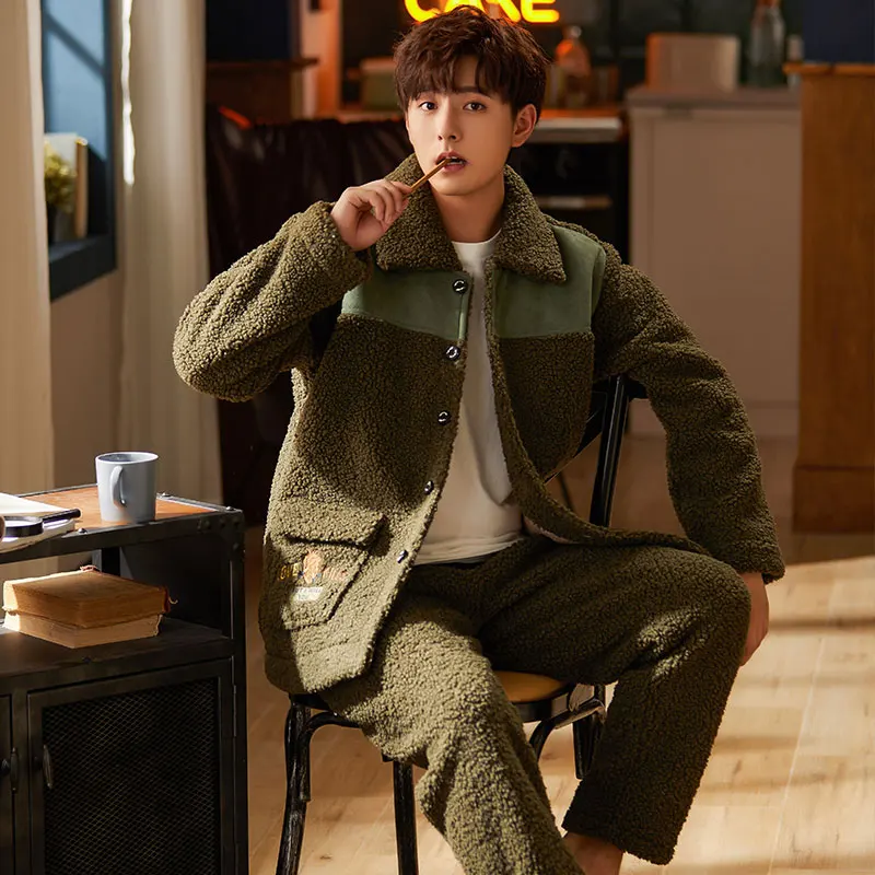 Winter Men's Winter Coral Flannel Personalized Fashion Turn-down Colar Homewear Pajamas Set