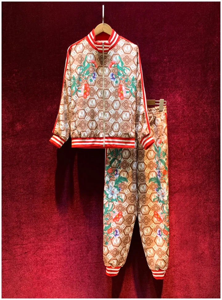 

Женский Брючный комплект, элегантный весенний женский спортивный костюм с винтажным принтом, повседневные облегающие брюки, женский костю...
