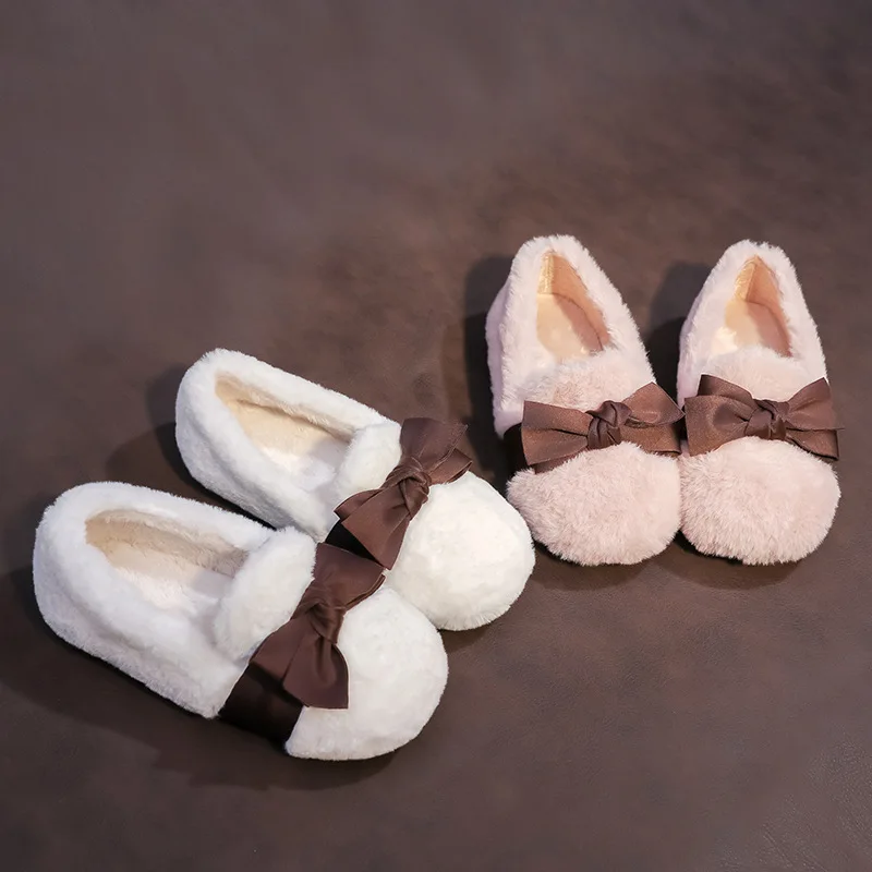 2022 Winter New Girls' Cotton Shoes Fleece-lined Warm Princess Shoes Furry Shoes Outdoor Wear Soft Bottom Gommino Tide