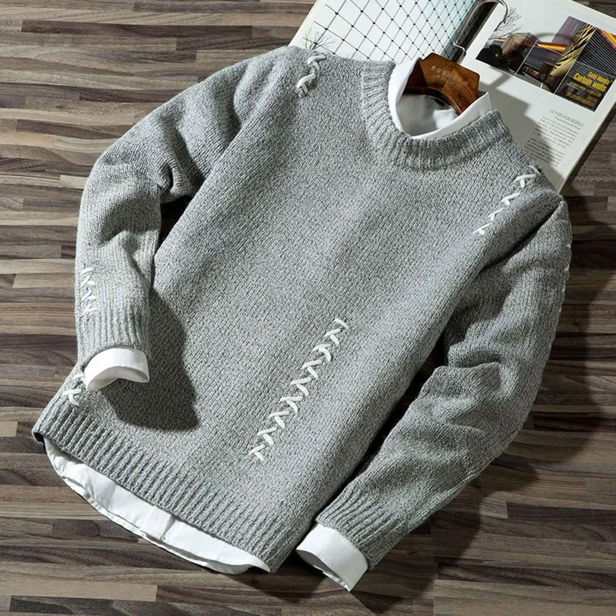

Men's Casual Autumn Fashion Casual Strip Color Block Knitwear Jumper Pullover Sweater Sale Material Cotton Mens Sweaters J961
