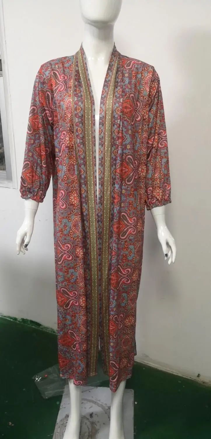 Для женщин Boho осень 3/4 рукав Цветочный принт длинный кардиган кимоно Cover Up пальто |