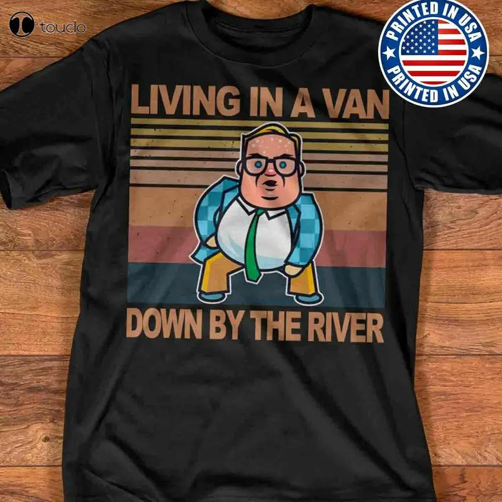 

Ретро Крис Фарли, живая в фургоне, футболка с рисунком вниз по реке, черная хлопчатобумажная ткань