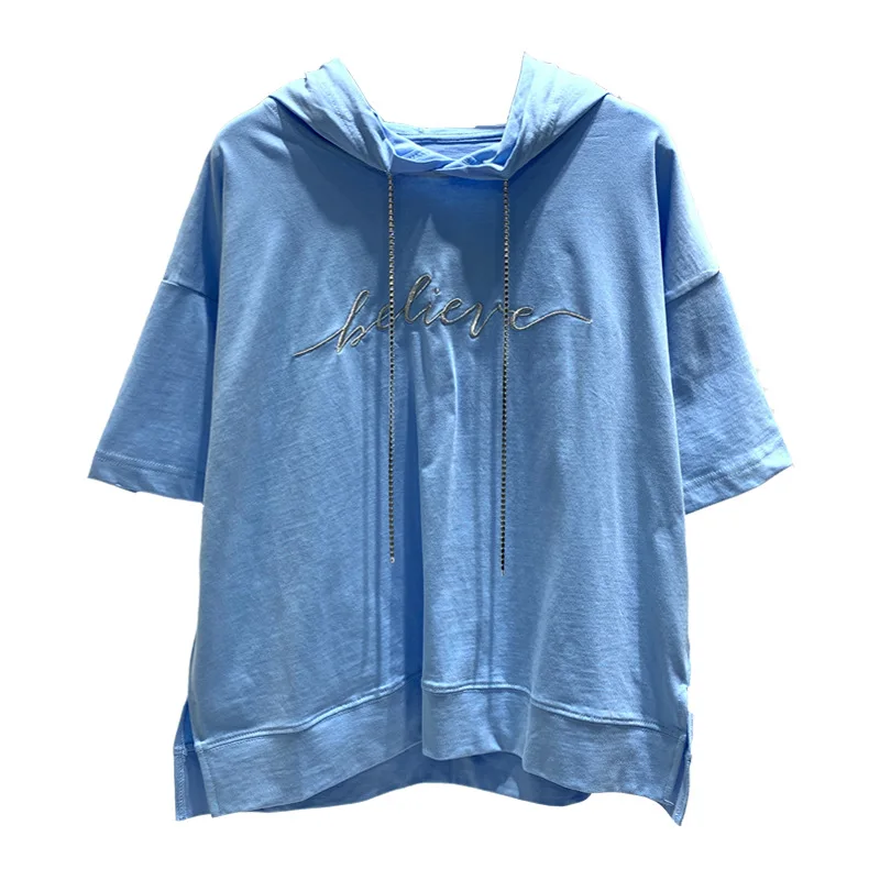 

Korean style summer hooded short-sleeved top T-shirt woman diamond-studded design casual loose letter embroidery Tshirts women