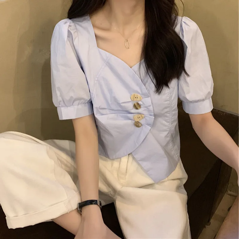 

2021 Summer New European Elegant Top Women Fashion Hong Kong Style Short Sleeve T-shirt Ins Simple Solid Color Pullover Tees