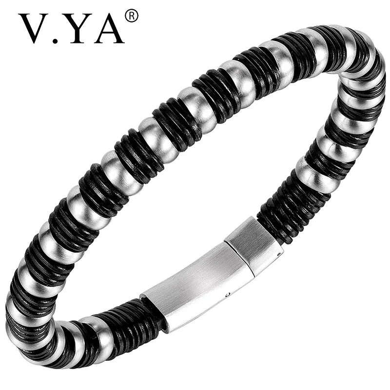 

V.YA Magnetic Black Leather Bracelet Braided Punk Rock Stainless Steel Bracelet For Men Jewelry Fashion Male Bangle Accessories