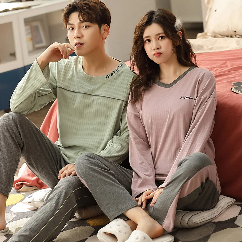 

Autunm Winter Women Men Cotton Pajamas Sets Simple Solid Color Couples Homewear Casual Crew Neck T-Shirt Longs Thread Nightwear