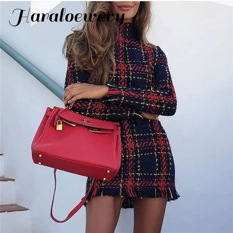 Элегантное зимнее клетчатое платье для офисных леди 2018 с длинным рукавом и стоячим воротником толстое