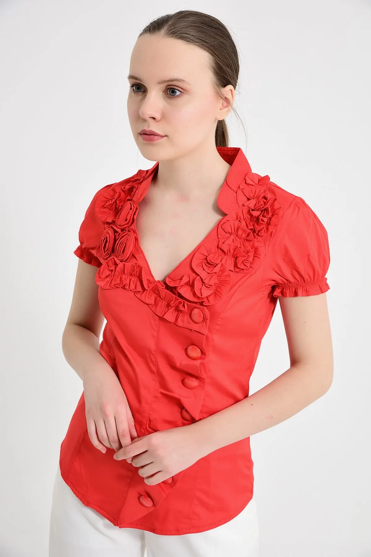 

Women Woman red buttoned shirt