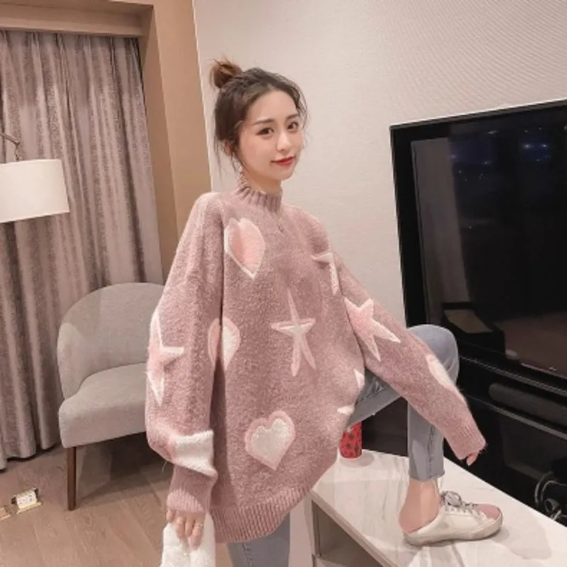 

2021 New Women Long Sweater and Pullovers Long Sleeve Knitted Pull Tops Stars Heart Cute Kawaii Oversized Sweater Jumers