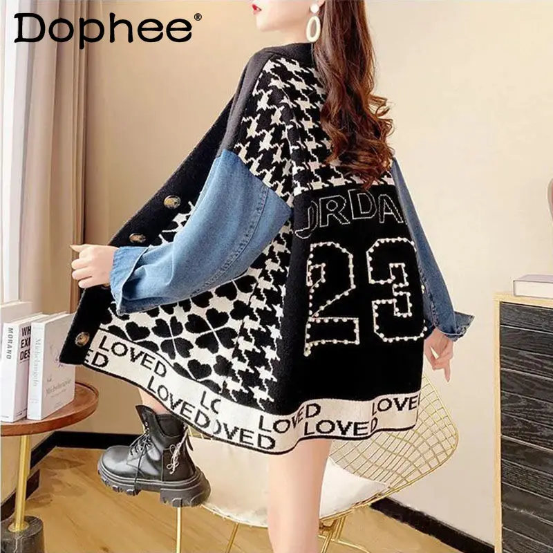 

Denim Stitching Knitted Sweater Coat Women 2021 Autumn New Retro Japanese Idle Style Loose Oversized Knit Cardigan Jacket Top