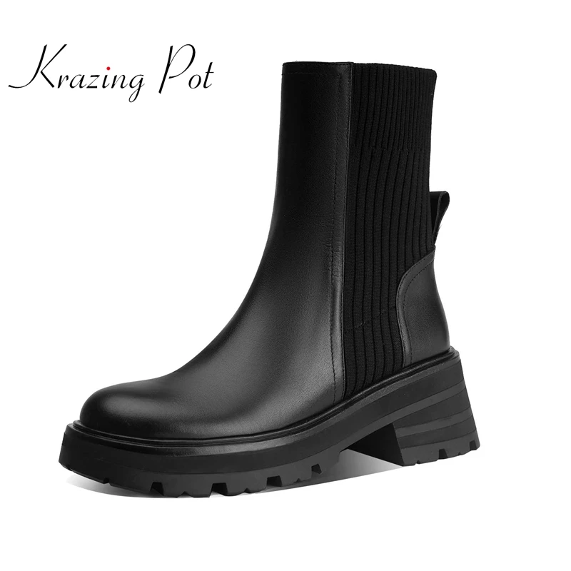 

krazing pot genuine leather round toe thick bottom knitting boots winter keep warm gentlewomen slip on fashion ankle boots L01
