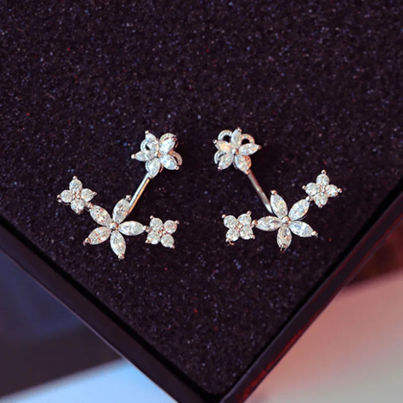 Роскошный прозрачный CZ цирконивый цветок двойные серьги гвоздики двусторонние