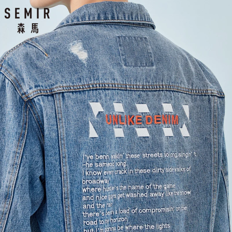 Мужская джинсовая куртка с вышивкой SEMIR потертая из 100% хлопка открытыми плечами