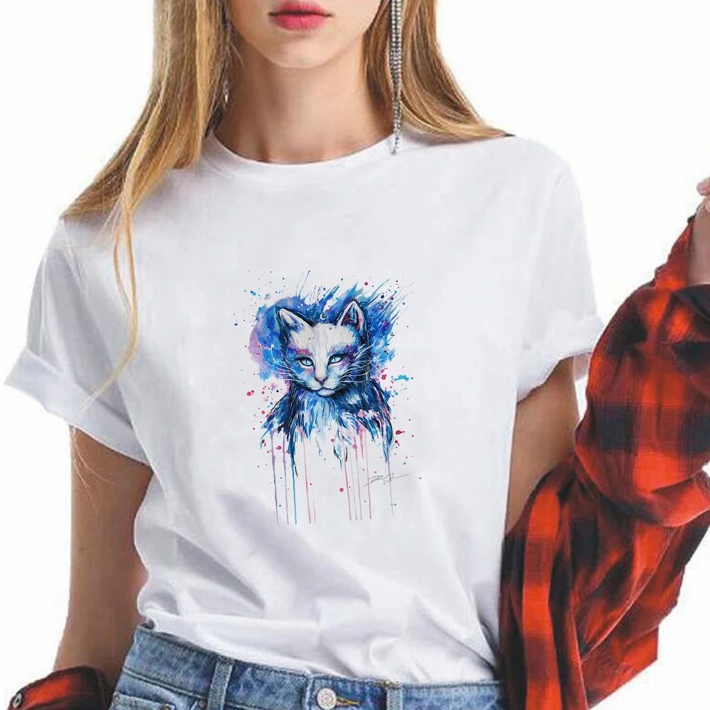 

Grunge Aesthetic Women Tshirt Fashion Design Cat Print White T-shirts Hipster Streetwear Female Clothes Loose Plus Size Harajuku