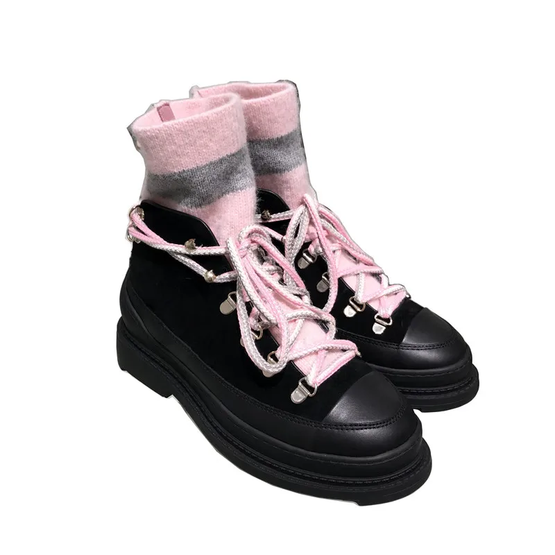 

2020 autumn and winter new candy color knitted wool warmth fashion leather motorcycle boots lace up all-match short boots women